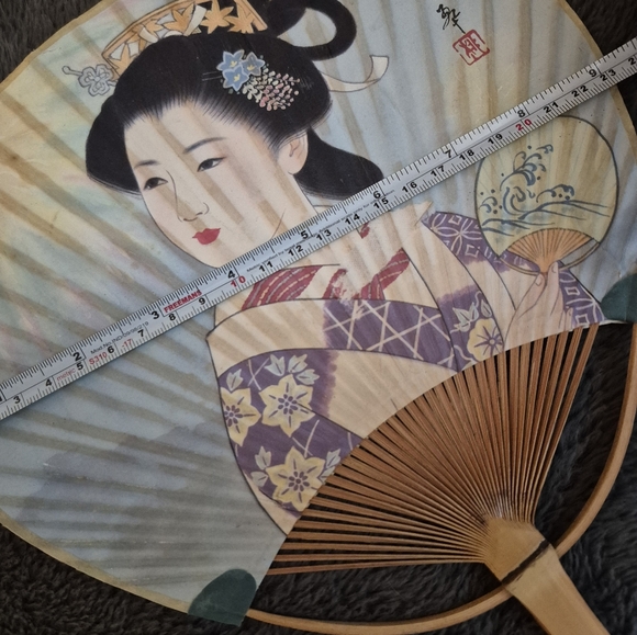 Japanese Geisha Paper Hand Fan Wooden Bamboo Handle Antique - Picture 8 of 10